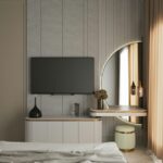 Elegant modern bedroom interior with minimalist design elements, TV, and unique decor.