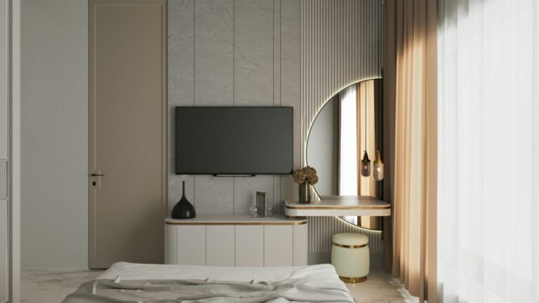 Elegant modern bedroom interior with minimalist design elements, TV, and unique decor.