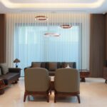 Elegant modern living room with minimalist furniture and soft lighting.