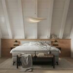 A bedroom with a bed and a table in it